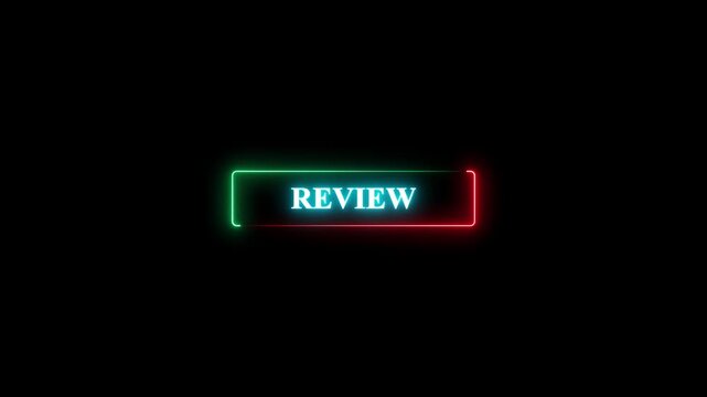 Neon glowing frame with the word review inside, isolated on black background, digital motion graphics, 3d render.