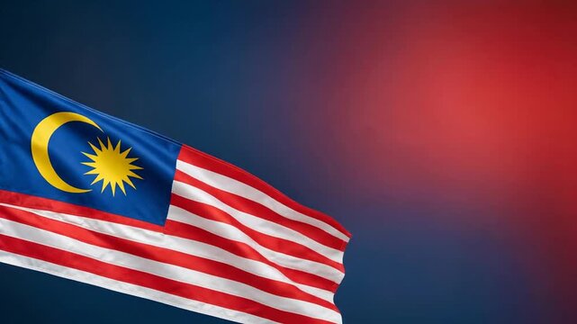Malaysian flag waving against abstract blue and red background