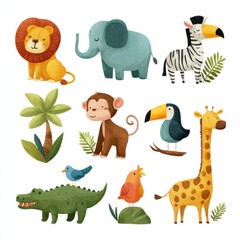 Obraz premium Cute cartoon animals in a jungle setting (6)