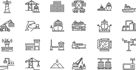 Maritime commercial port and cargo shipping logistics icon set line art vector sea freight illustration. © MUSHAHID