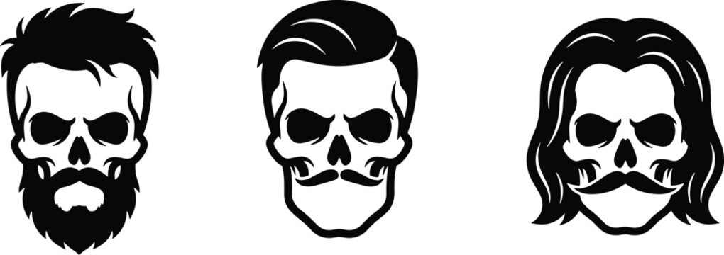 Skull Character Logos with Beard Mustache and Hairstyles Vintage Barber Style Vector Collection