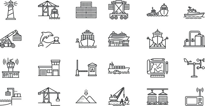 Maritime commercial port and cargo shipping logistics icon set line art vector sea freight illustration.