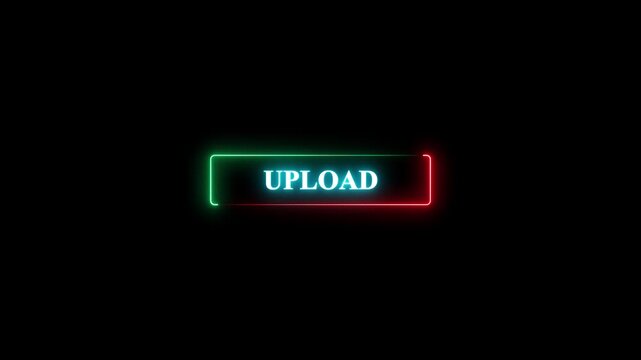 Neon glowing upload button with a vibrant green and redlight effect on a black background, digital interface element for web and mobile applications.