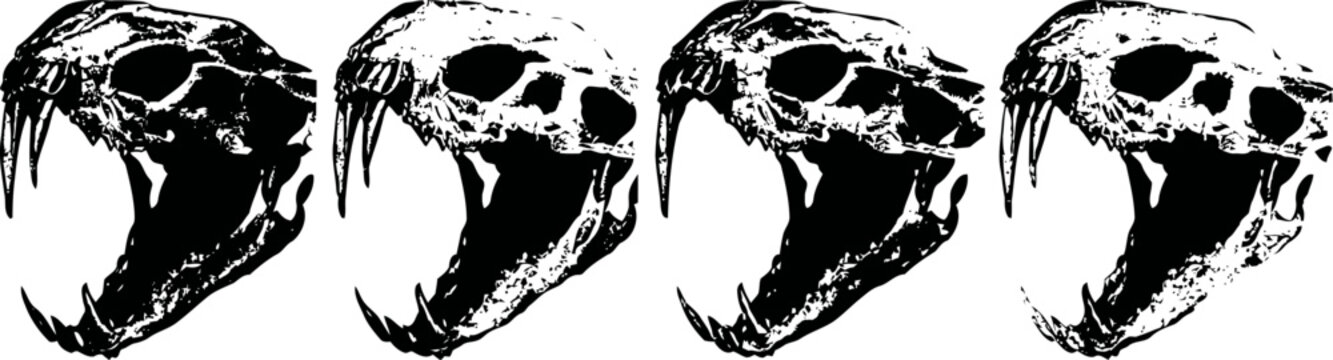 four black and white silhouette illustrations of a roaring dinosaur skull side view