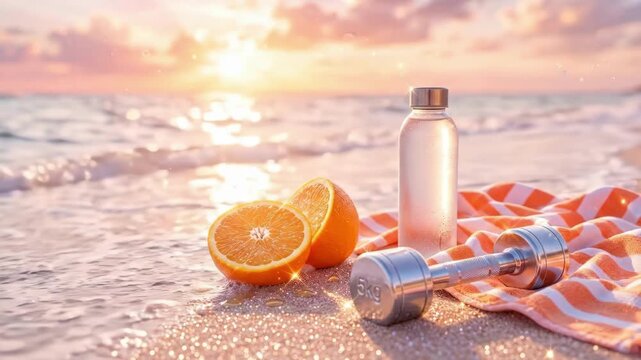Sliced oranges, dumbbell and water bottle on beach towel at sunset. Healthy fitness and nutrition setup on sandy shore. Summer outdoor workout essentials for hydration and energy
