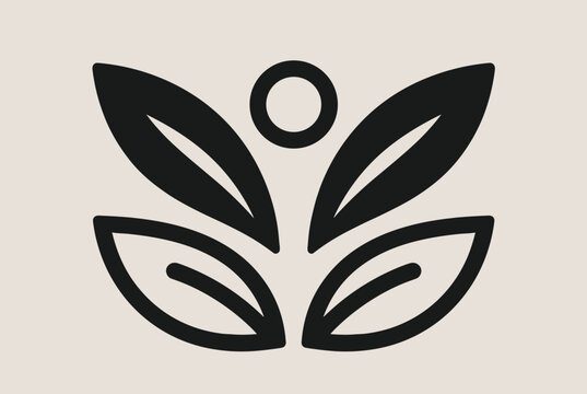 Abstract geometric logo symbol with four leaves and a circle representing yoga meditation or wellness.