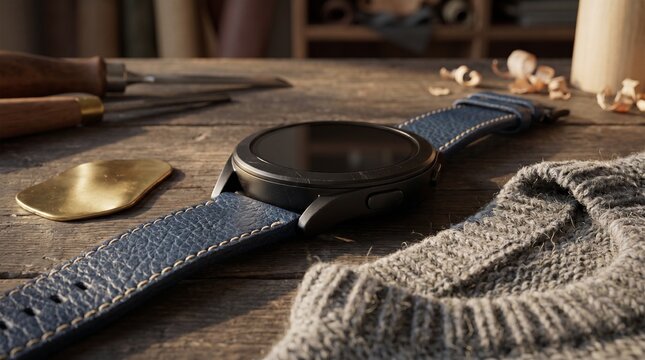 A detailed 3D render of a luxury smartwatch resting on a textured surface, designed with an explicit focus on materials