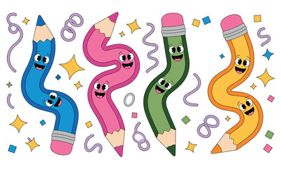 Obraz premium Four colorful wavy pencils with happy cartoon faces and smiling expressions surrounded by festive confetti and bright yellow star shapes