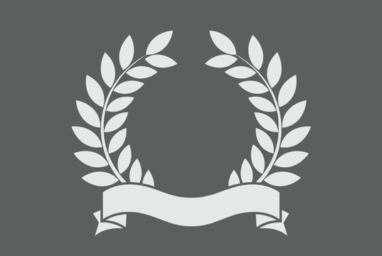 Classic white laurel wreath with a blank ribbon banner for text isolated on a dark grey background.