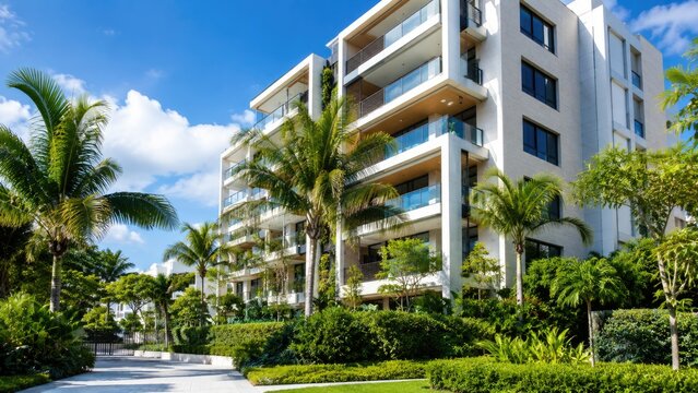 Modern luxury tropical apartment building with palm trees landscaped garden and bright sunny sky