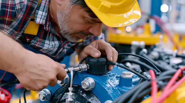 Rotating machinery vibration analyst attaches accelerometer to gearbox housing on industrial pump skid, close-up hands pressing magnetic base sensor, condition monitoring predictive maintenance engi