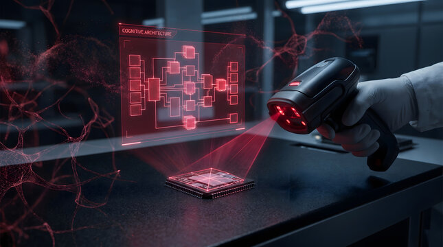 Hand gripping oversized 3d scanner scanning microchip with virtual cognitive architecture diagram