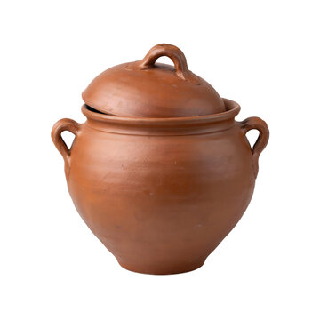 Handmade ceramic stew pot with open lid and side handles for culinary preparation on transparent background