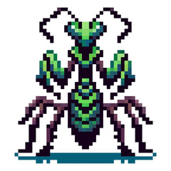 Obraz premium A digital art piece shows an ant in pixel style. The ant has a mix of green and black colors. It stands on six legs with detailed body and antennae. The background is plain white