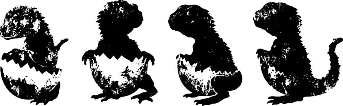 silhouettes of a baby dinosaur hatching sequence on white background