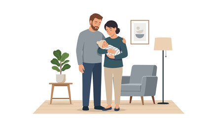 Fototapeta premium Young parents tenderly holding their newborn baby in a cozy living room setting with modern decor and a plant
