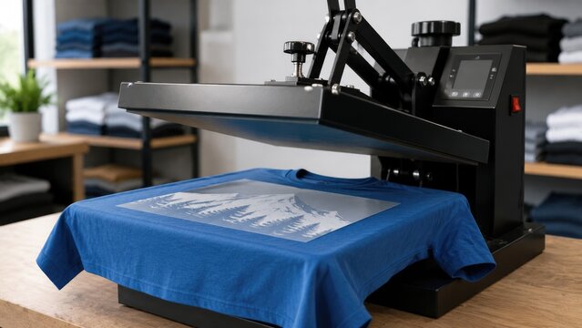 Heat Press Machine Printing Design on Blue T Shirt in Custom Apparel Workshop