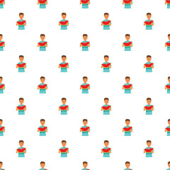 Fototapeta premium Cartoon man holding a slice of watermelon repeating on a white background