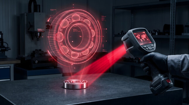 Hand holding 3d scanner with red laser beam scanning metallic object on workbench in industrial setting