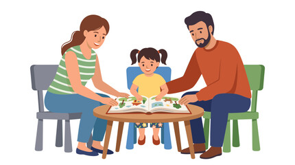 Fototapeta premium Happy family reading a book together at a table, parents and child enjoying story time indoors