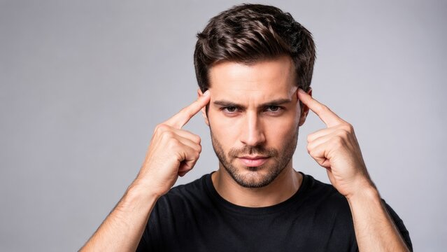 Focused young man pointing at temples with intense expression concept of concentration memory thinking and mental focus