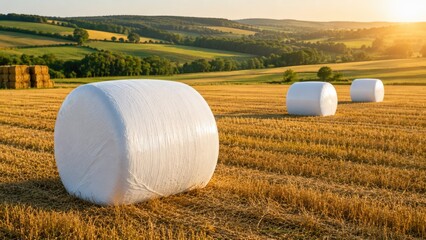 Fototapeta premium White wrapped hay bales on harvested field at golden sunset in rural countryside landscape
