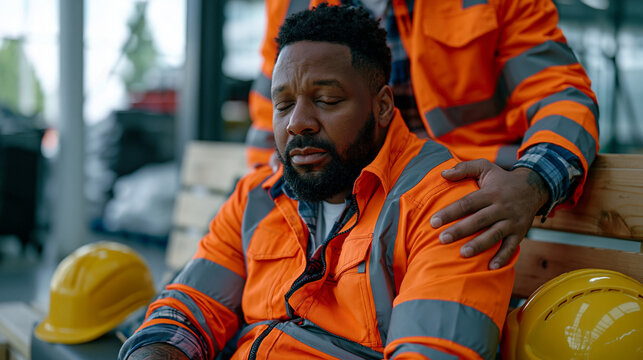 Warehouse worker sitting on break room bench with eyes closed, hard hat beside them, fatigue evident after long palletizing shift, coworker placing hand on shoulder in genuine supportive gesture, em