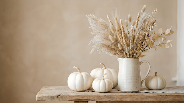 Autumn still life with white pumpkins and dried floral arrangement