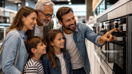 Obraz premium Happy Multigenerational Family Choosing Built In Oven in Appliance Store
