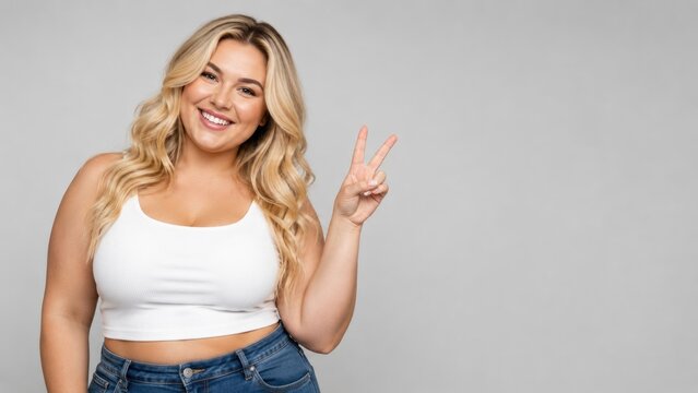 Smiling Plus Size Blonde Woman Showing Peace Sign Isolated on Light Background