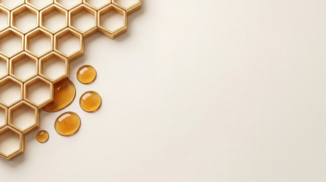 Elegant Gold Honeycomb Pattern with Glossy Honey Drops on a Soft Cream Background, Luxury Abstract Food Texture