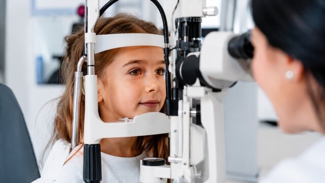 Child undergoing eye examination with slit lamp at ophthalmology clinic