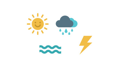 Obraz premium Weather icons set with sun, rain cloud, waves, and lightning bolt on white background.