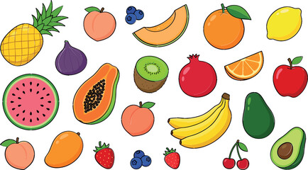 Obraz premium Fresh Tropical and Exotic Fruit Vector Illustration Collection Featuring Watermelon, Pineapple, Avocado, and Berries for Healthy Nutrition and Culinary Designs