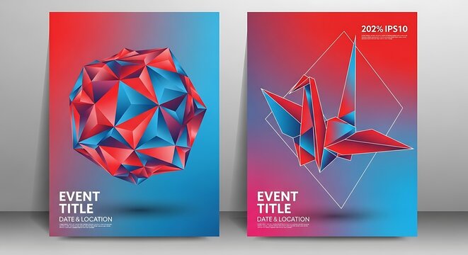 Abstract geometric polygonal sphere and origami crane posters