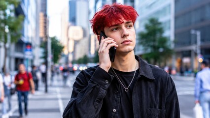Fototapeta premium Young man with red hair talking on smartphone in modern city street