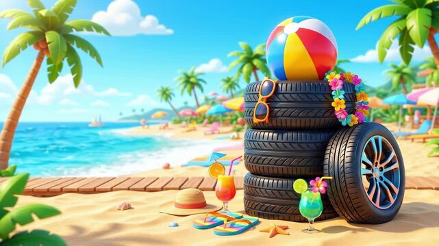 Stacked car tires with sunglasses and colorful lei on tropical beach. Cocktails, flip-flops, beach ball and hat on sandy shore near ocean waves. Summer vacation and relaxation concept with palm trees