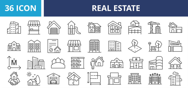 Real Estate Property web banner icon set outline vector illustrations concept with icon property, mortgage, investment, home, house, business, residential