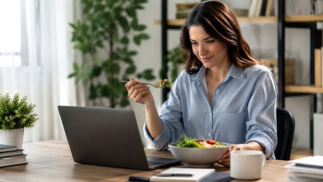 Young woman eating healthy salad while working on laptop at home office desk