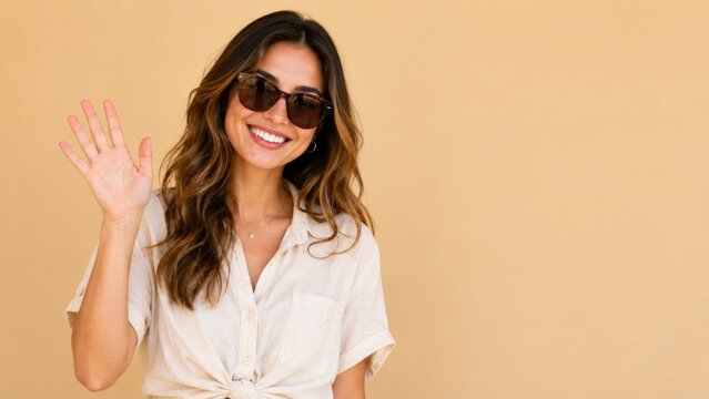Smiling Woman in Sunglasses Waving Hand Isolated on Beige Background