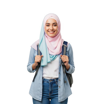 Smiling young student girl wearing a hijab and carrying a backpack