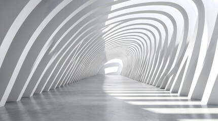 Naklejka premium Modern minimalist white abstract tunnel with wavy architectural arches and shadow play.