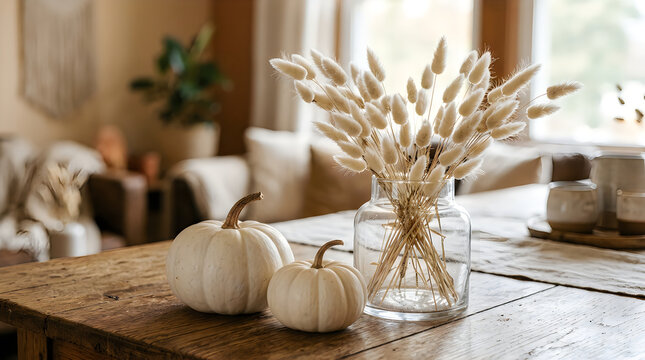 Autumn still life white pumpkins and lagurus grass in glass vase