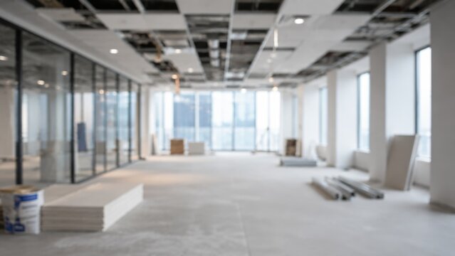 Blurred Modern Office Interior Under Renovation with Open Ceiling and Construction Materials