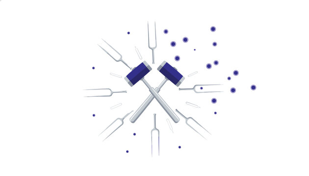 Two crossed reflex hammers surrounded by silver tuning forks and blue dots.