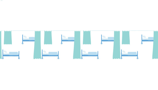 Seamless pattern of blue hospital beds separated by teal privacy curtains.