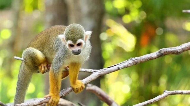 Squirrel Monkey Perched on a Tree Branch in Tropical Jungle