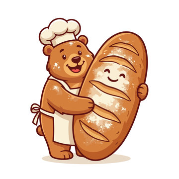 A funny bear mascot dressed as a baker lovingly hugs a happy loaf of bread with flour dusting its surface