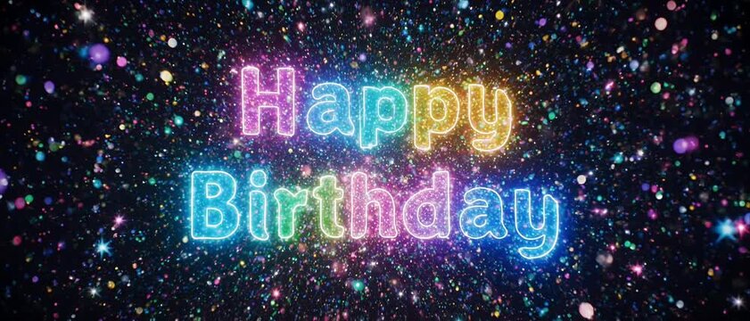 Happy Birthday Text Animation with Colorful Glowing Particle Background
