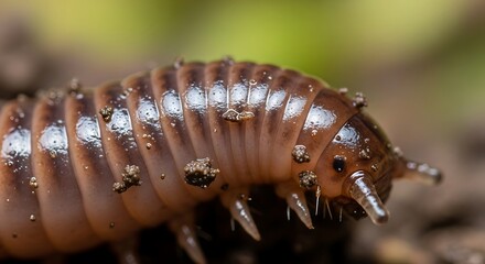 Naklejka premium Detailed macro shot of a brown segmented millipede on soil